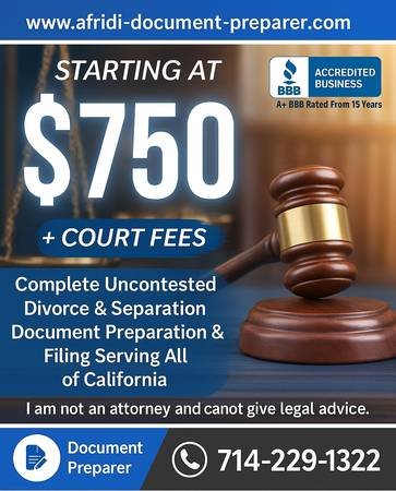 Amicable Divorce without Attorney-A+ BBB Rated for last 15 years (Costa Mesa)